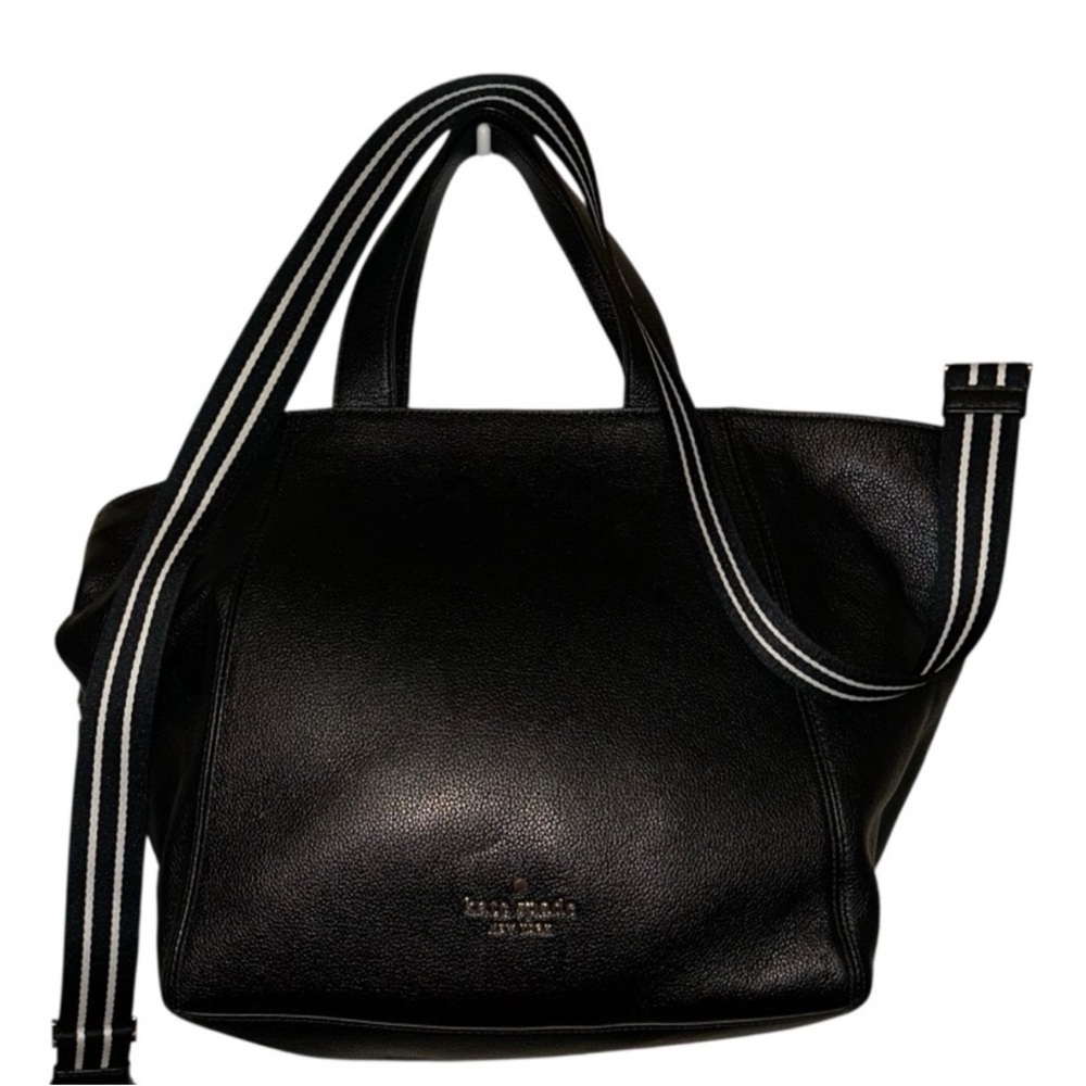 Kate Spade Black Leather Tote Bag with Detachable Striped Shoulder Strap EUC